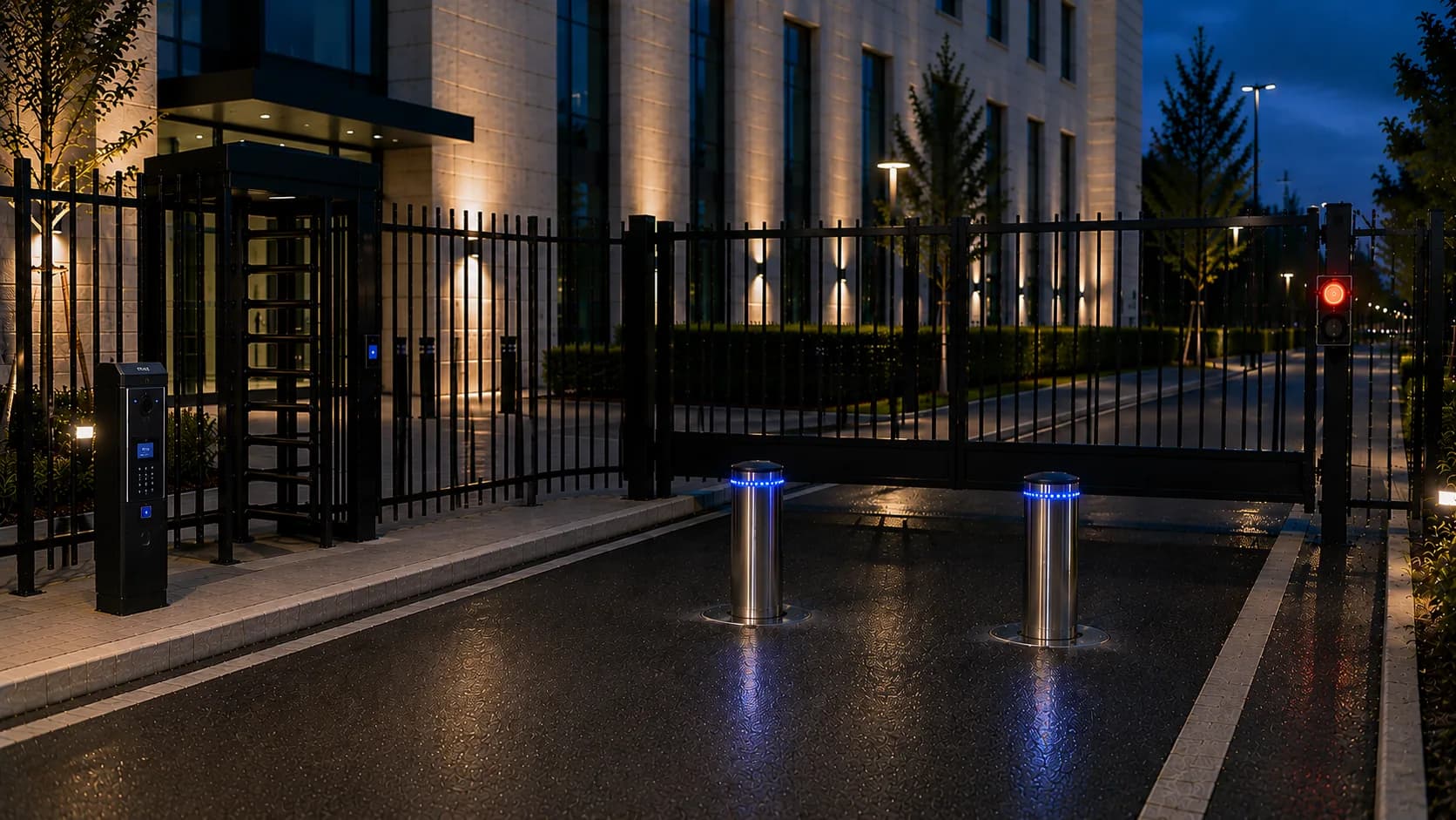 Entrée de site avec portail, bornes escamotables et tourniquet toute hauteur