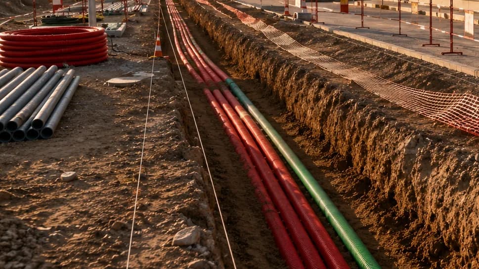 Tranchée rectiligne avec fourreaux TPC et grillage avertisseur