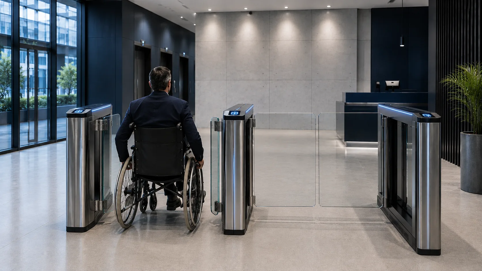 Passage PMR à battant vitré dans un hall d'accueil