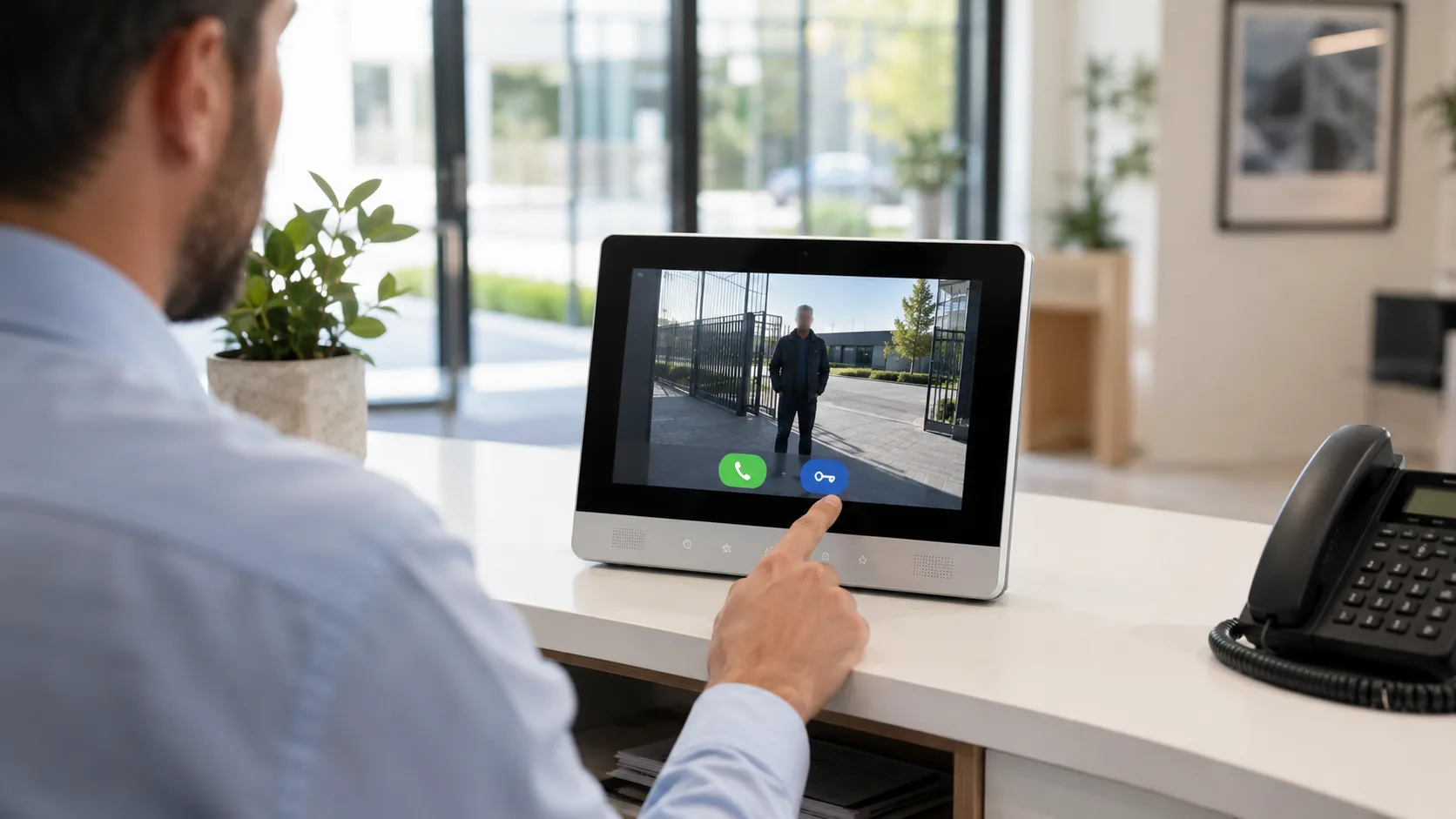 Réponse sur moniteur intérieur de visiophonie à un comptoir d'accueil