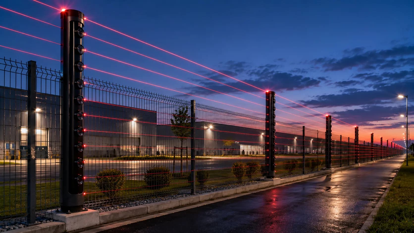 Colonnes de barrières infrarouges le long d'une clôture de site industriel