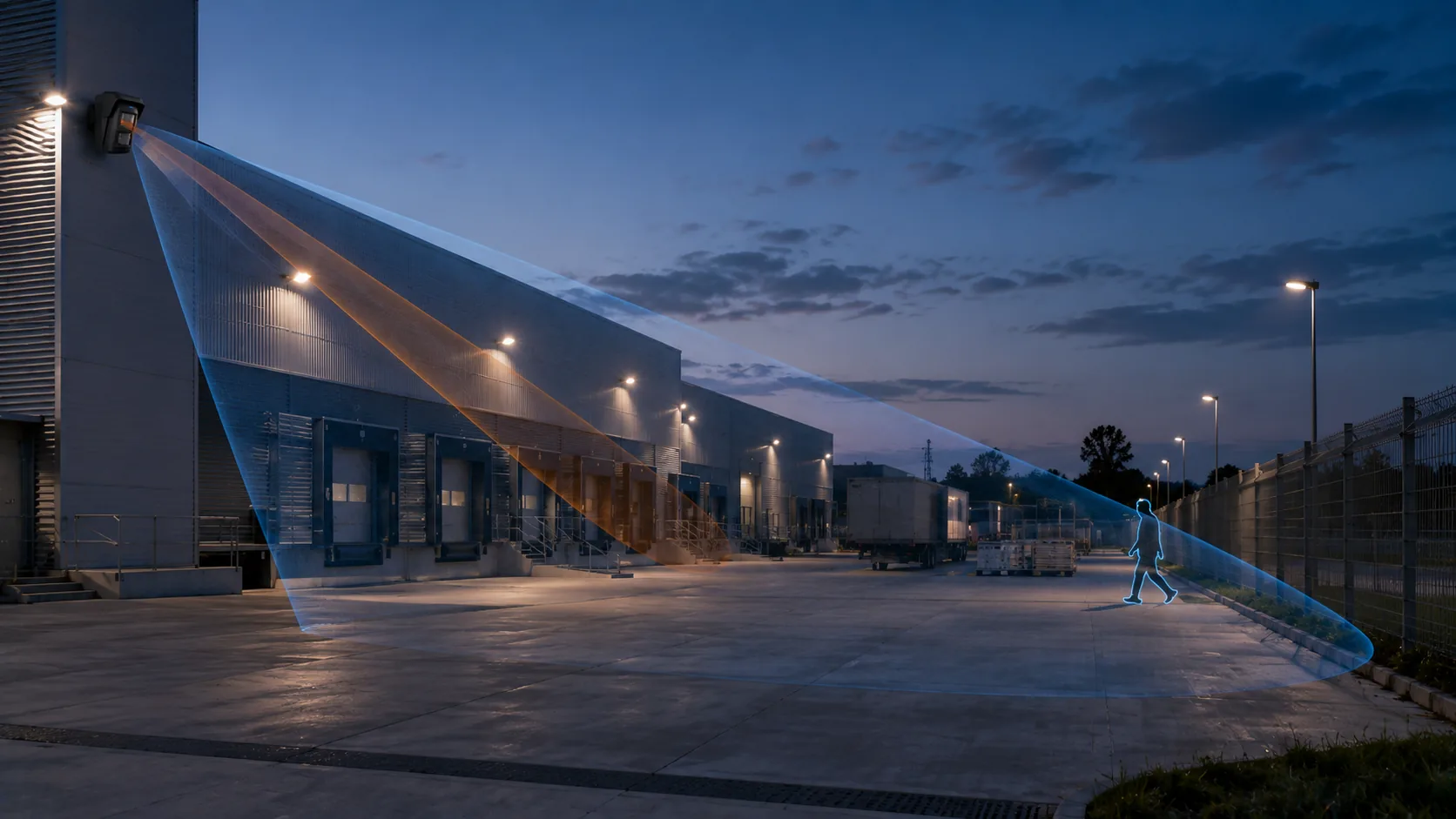 Détection extérieure couvrant une cour logistique au crépuscule